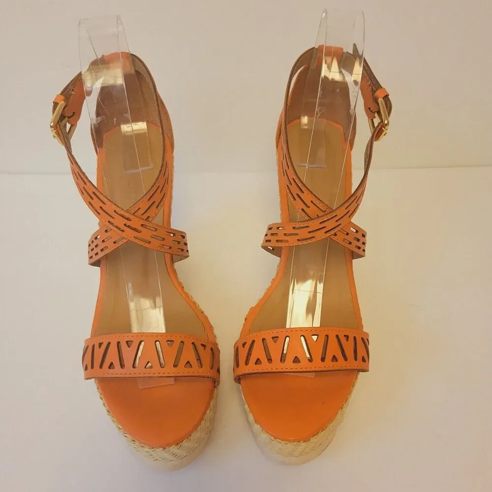 Kazar Leather Orange Straps Platform Wedge Sz 37 Women Shoes